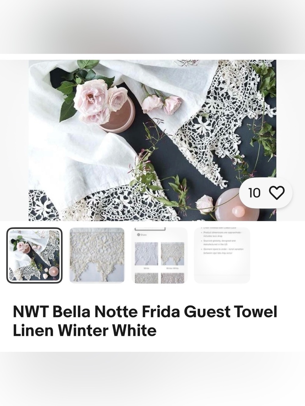 Bella Notte Frida Guest Towel — Winter White Linen NWT